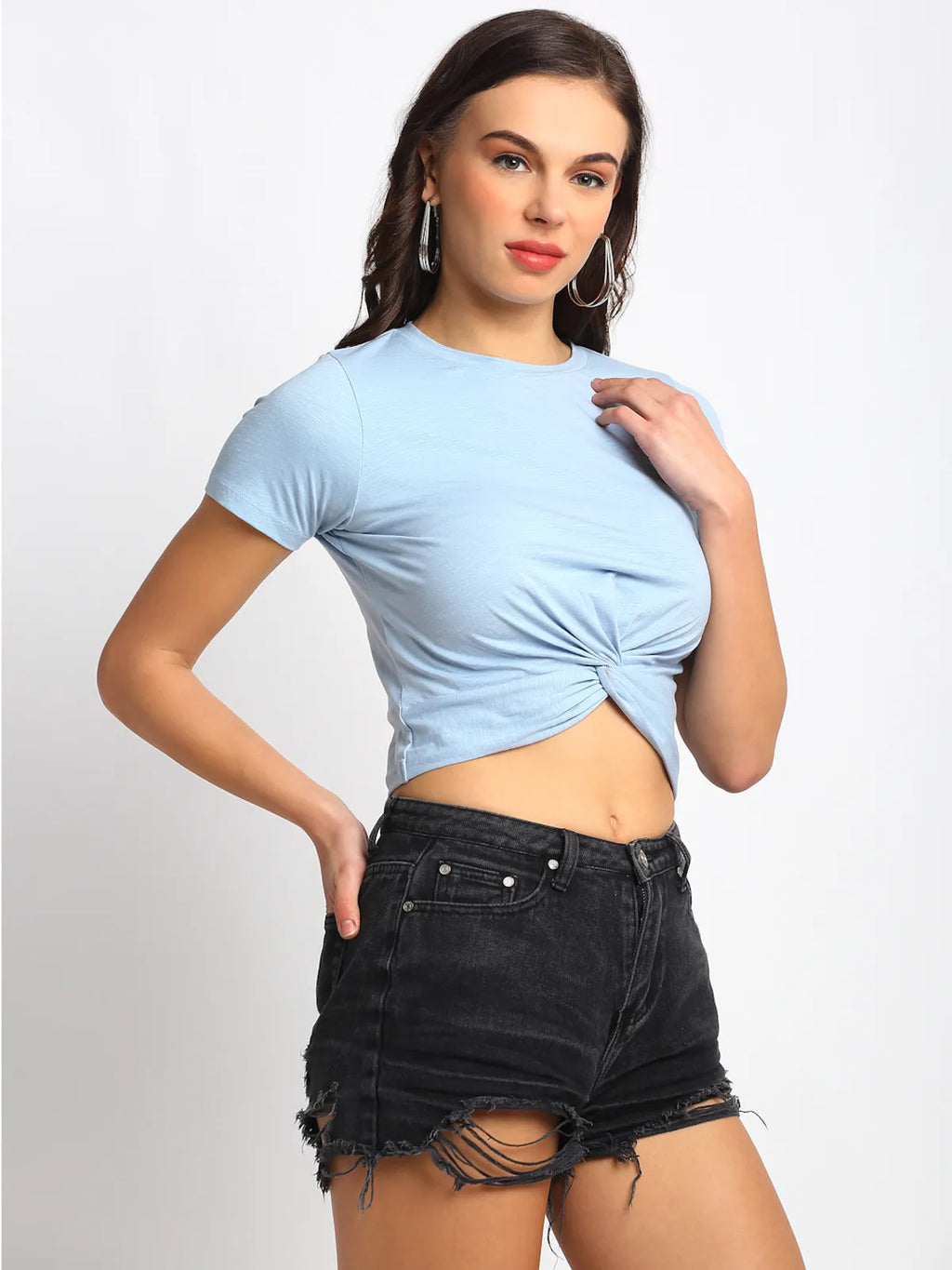 Stylish Blue Front-Gather Crop Top For Women - L image