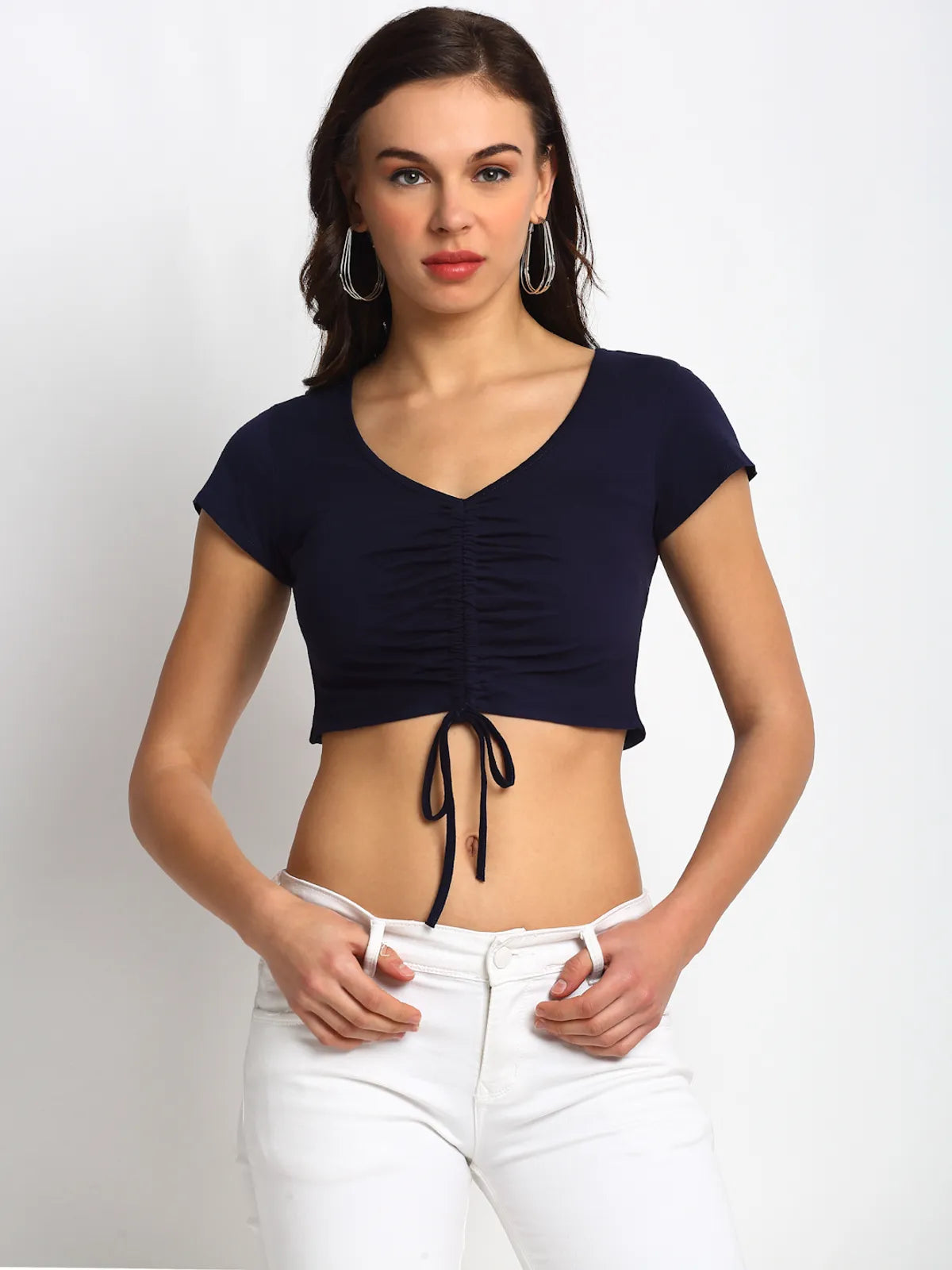 Stylish Navy Front-Gather Crop Women's Top image 0