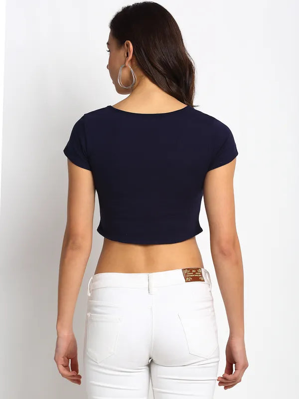 Stylish Navy Front-Gather Crop Women's Top image 1