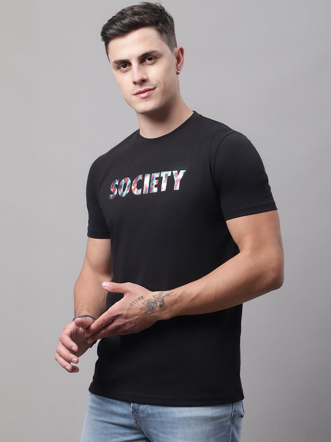 DOOR74 MENS SOCIETY PRINTED BLACK COLOR REGULAR FIT TSHIRT image 5