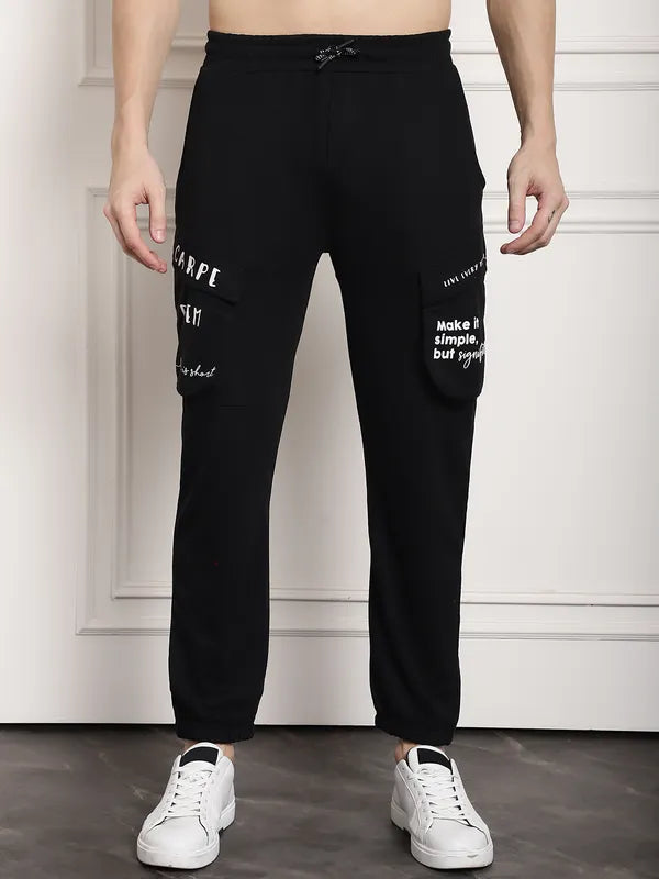 Black Cotton Printed Cargo Joggers For Men image 4