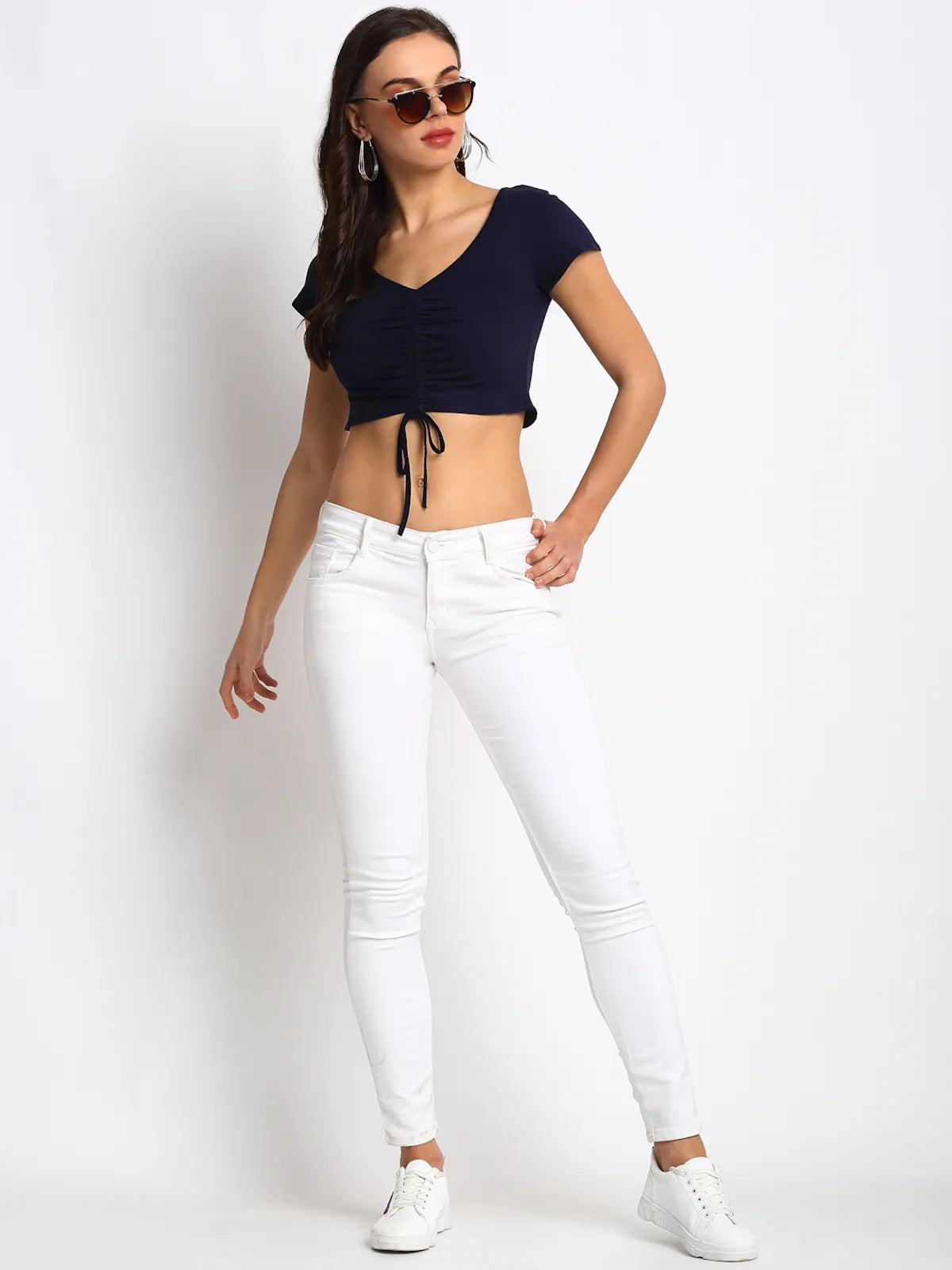 Stylish Navy Front-Gather Crop Women's Top - L image