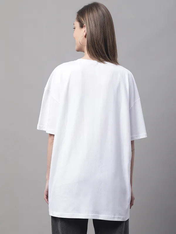 White Cotton Printed Oversized Round-Neck T-Shirt For Women image 2