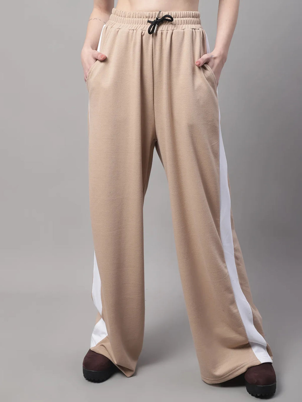 Beige Cotton Solid Joggers For Women image 0