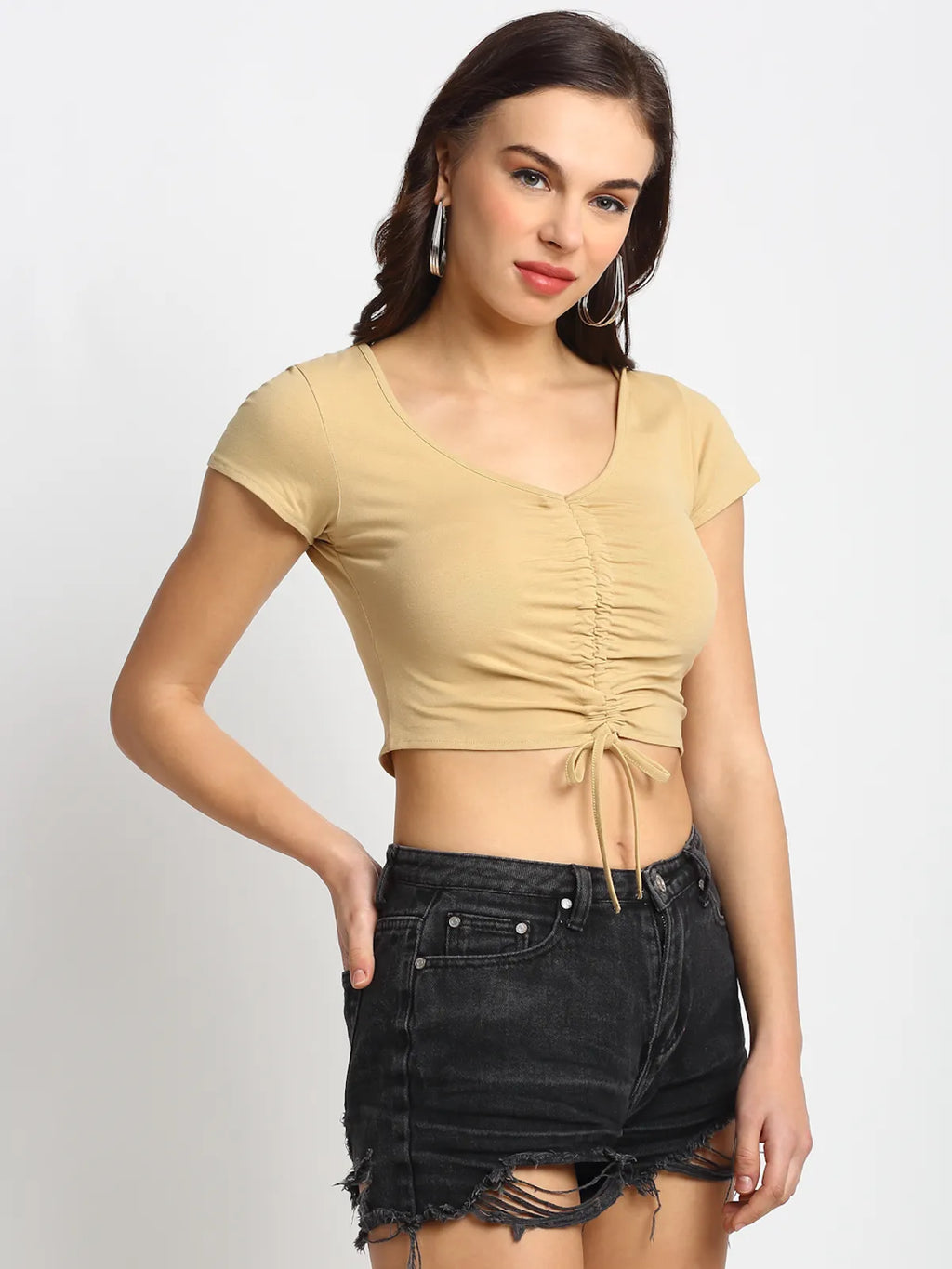 Brown Ruched Stretchable Crop Top for Women image 0